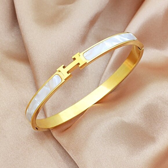 Luxury 18K Gold Plated Titanium Steel H Bangle, Pearly White Inlay - Picture 1 of 2
